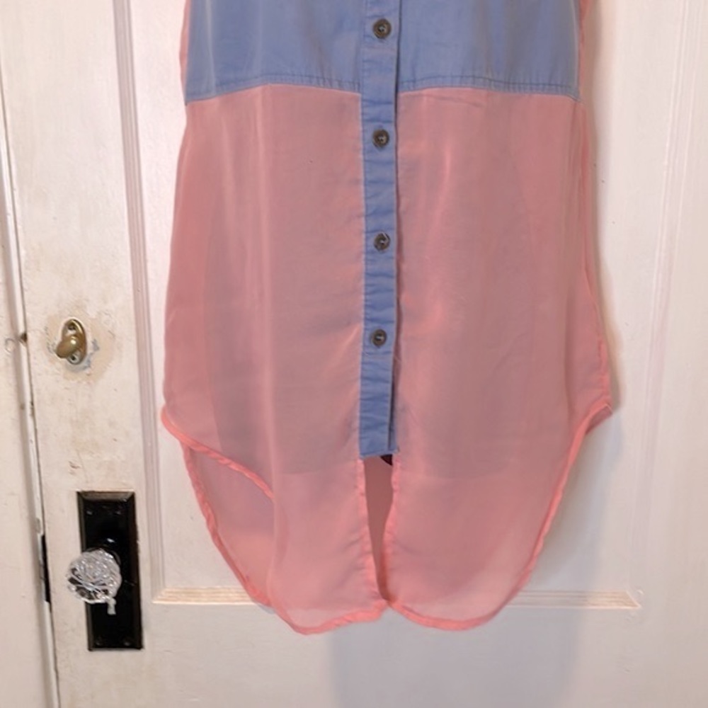 Last Kiss Denim & Sheer Button Down Sleeveless Long Flowy Blouse Top Pink Blue S - Picture 3 of 8